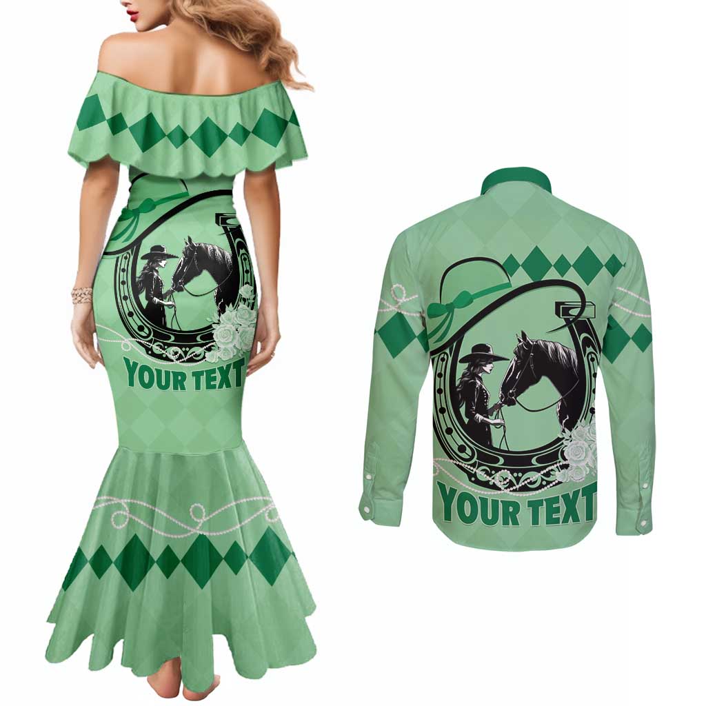 Personalized Kentucky Horse Racing Couples Matching Mermaid Dress and Long Sleeve Button Shirt Beauty and The Horse Green Version LT01