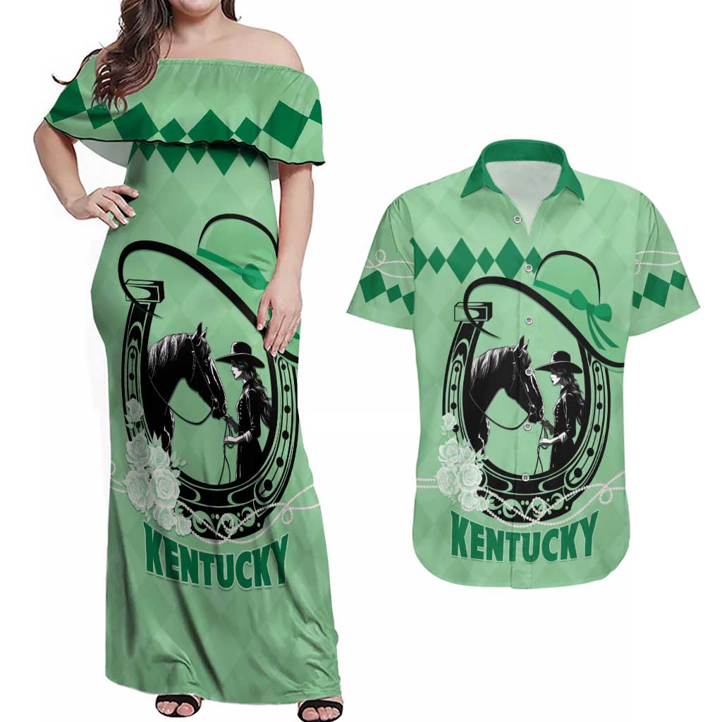 Personalized Kentucky Horse Racing Couples Matching Off Shoulder Maxi Dress and Hawaiian Shirt Beauty and The Horse Green Version LT01