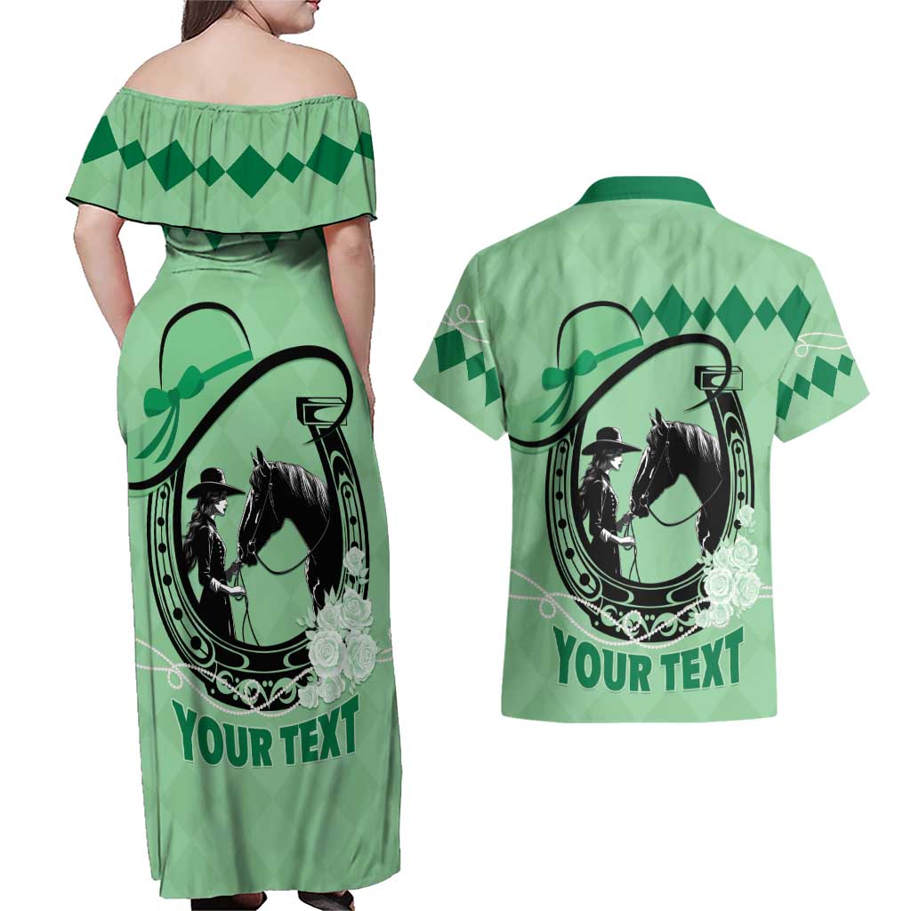 Personalized Kentucky Horse Racing Couples Matching Off Shoulder Maxi Dress and Hawaiian Shirt Beauty and The Horse Green Version LT01