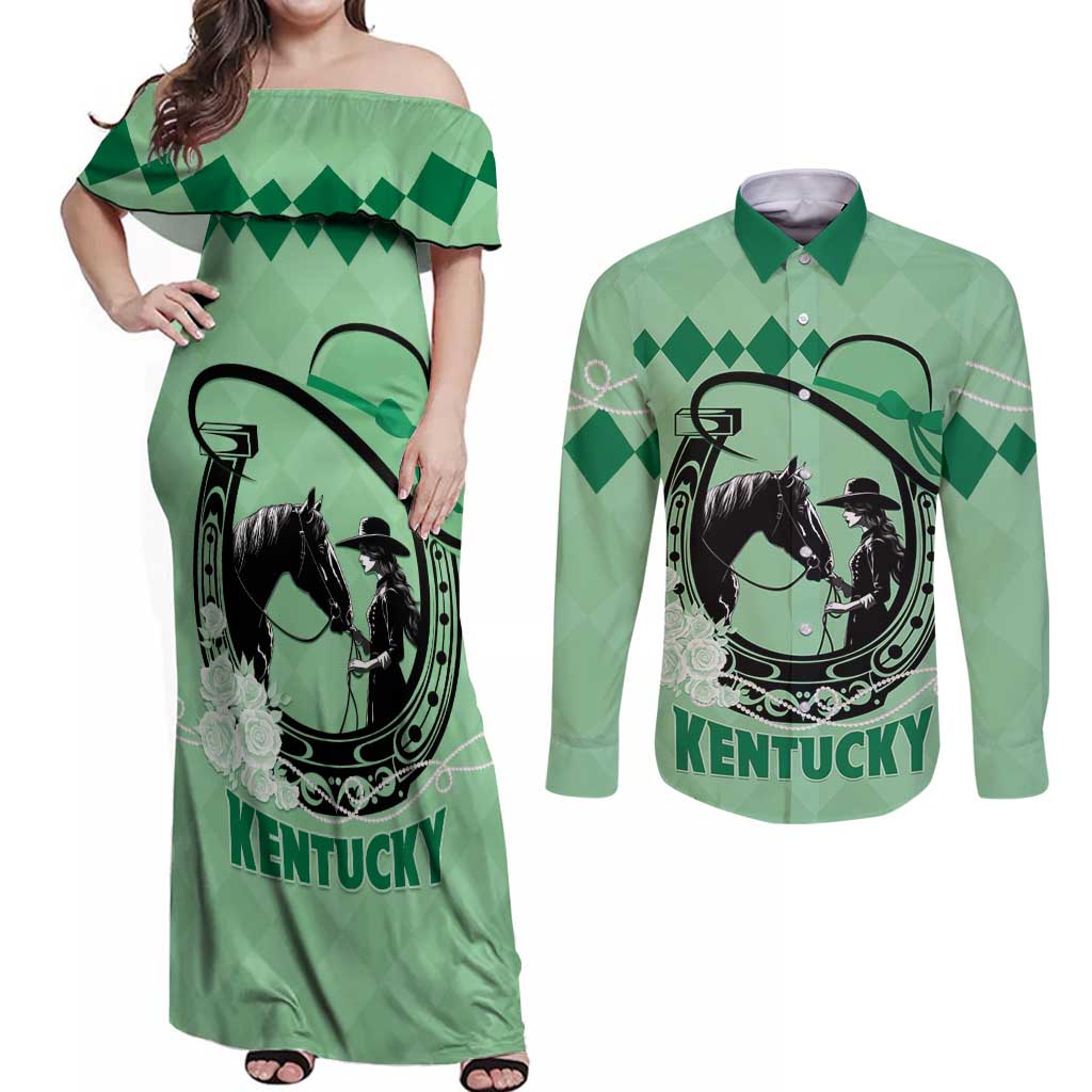 Personalized Kentucky Horse Racing Couples Matching Off Shoulder Maxi Dress and Long Sleeve Button Shirt Beauty and The Horse Green Version LT01