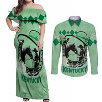 Personalized Kentucky Horse Racing Couples Matching Off Shoulder Maxi Dress and Long Sleeve Button Shirt Beauty and The Horse Green Version LT01