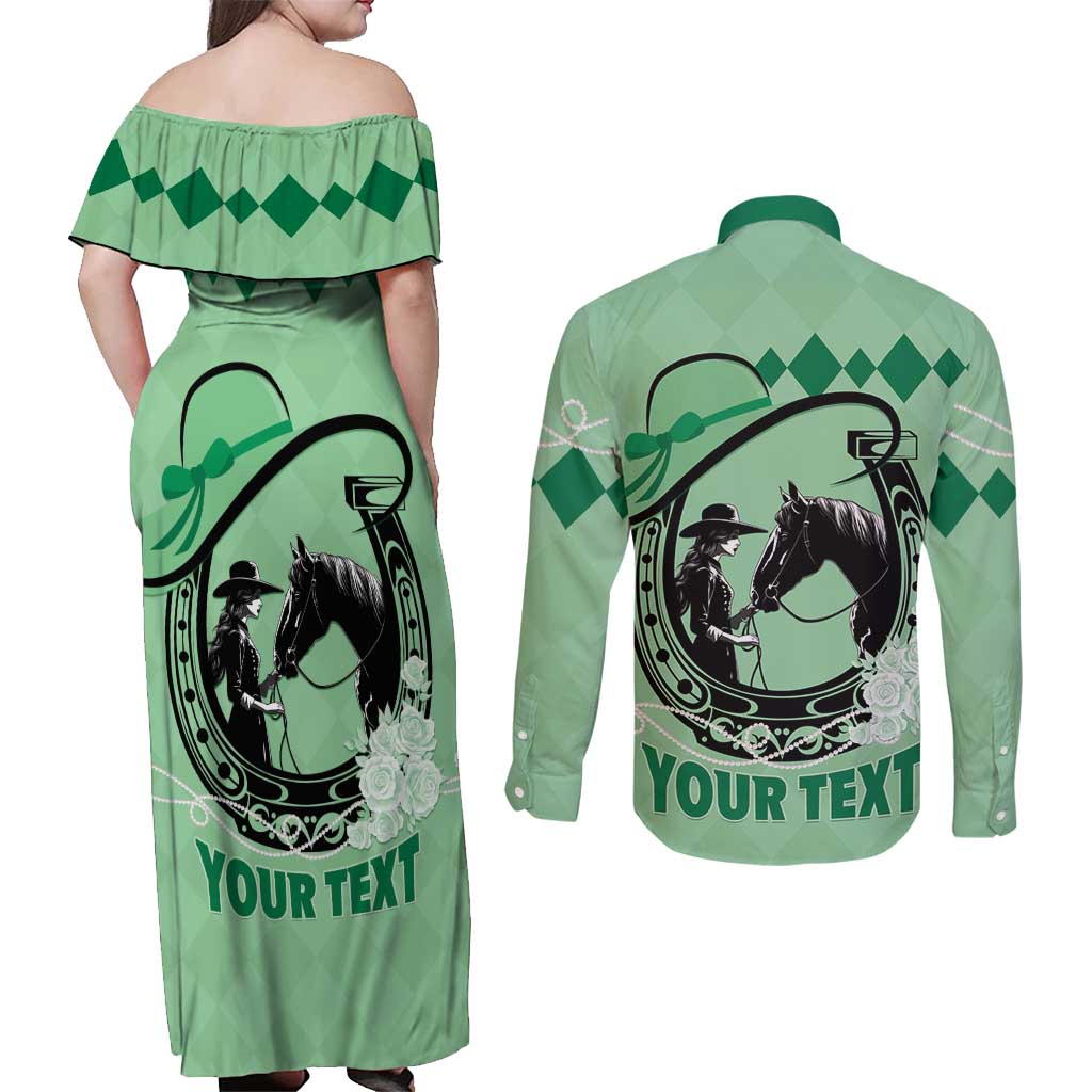 Personalized Kentucky Horse Racing Couples Matching Off Shoulder Maxi Dress and Long Sleeve Button Shirt Beauty and The Horse Green Version LT01