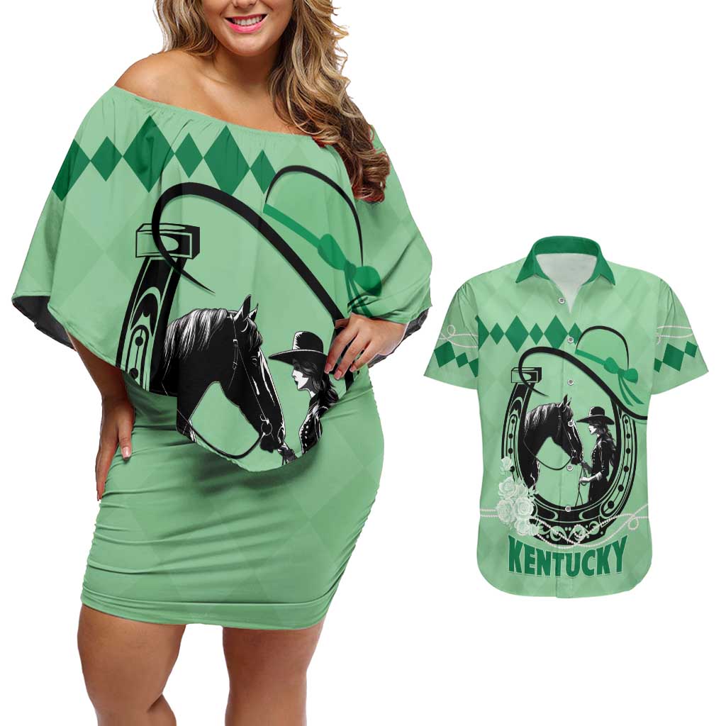 Personalized Kentucky Horse Racing Couples Matching Off Shoulder Short Dress and Hawaiian Shirt Beauty and The Horse Green Version LT01