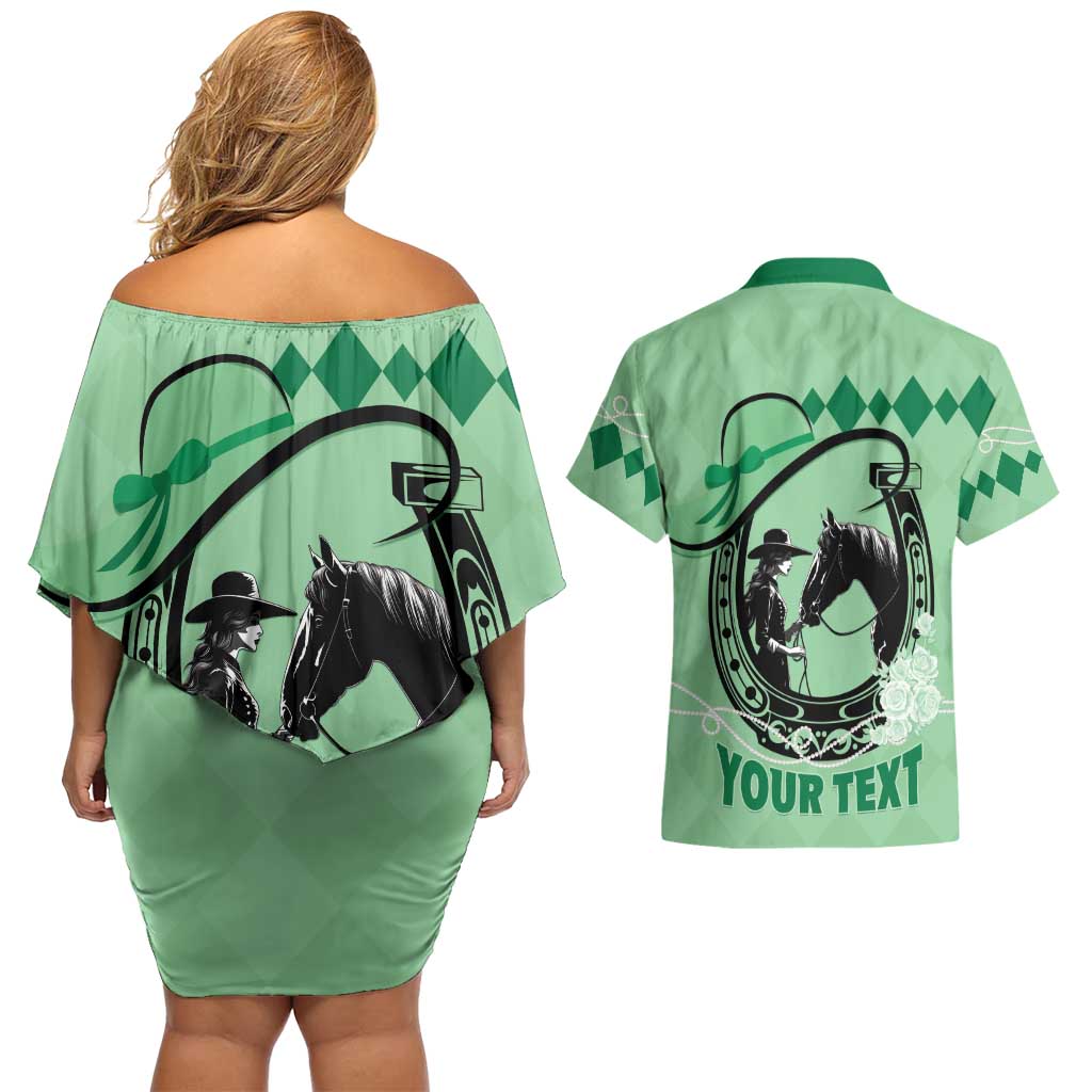 Personalized Kentucky Horse Racing Couples Matching Off Shoulder Short Dress and Hawaiian Shirt Beauty and The Horse Green Version LT01