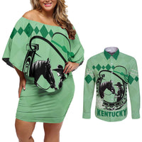 Personalized Kentucky Horse Racing Couples Matching Off Shoulder Short Dress and Long Sleeve Button Shirt Beauty and The Horse Green Version LT01
