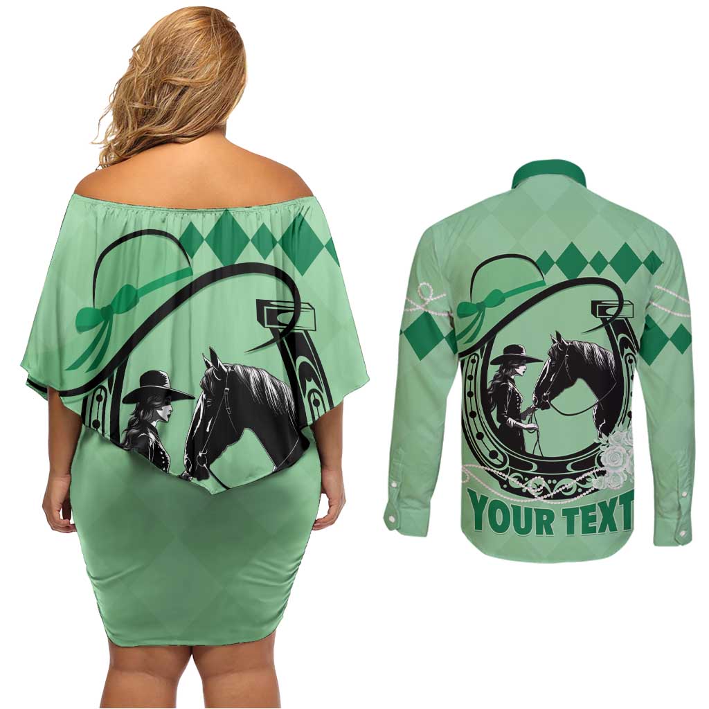 Personalized Kentucky Horse Racing Couples Matching Off Shoulder Short Dress and Long Sleeve Button Shirt Beauty and The Horse Green Version LT01