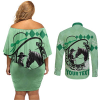 Personalized Kentucky Horse Racing Couples Matching Off Shoulder Short Dress and Long Sleeve Button Shirt Beauty and The Horse Green Version LT01