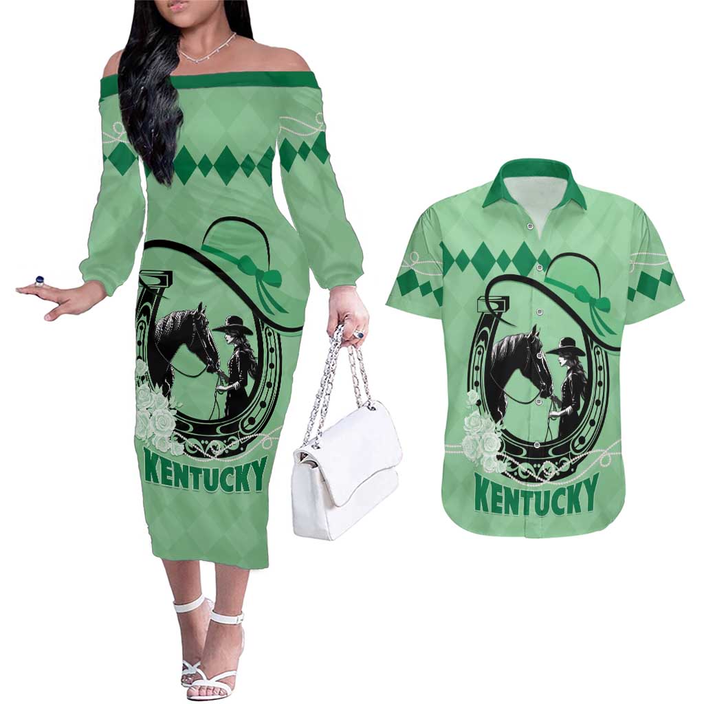 Personalized Kentucky Horse Racing Couples Matching Off The Shoulder Long Sleeve Dress and Hawaiian Shirt Beauty and The Horse Green Version LT01