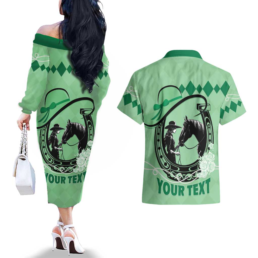 Personalized Kentucky Horse Racing Couples Matching Off The Shoulder Long Sleeve Dress and Hawaiian Shirt Beauty and The Horse Green Version LT01