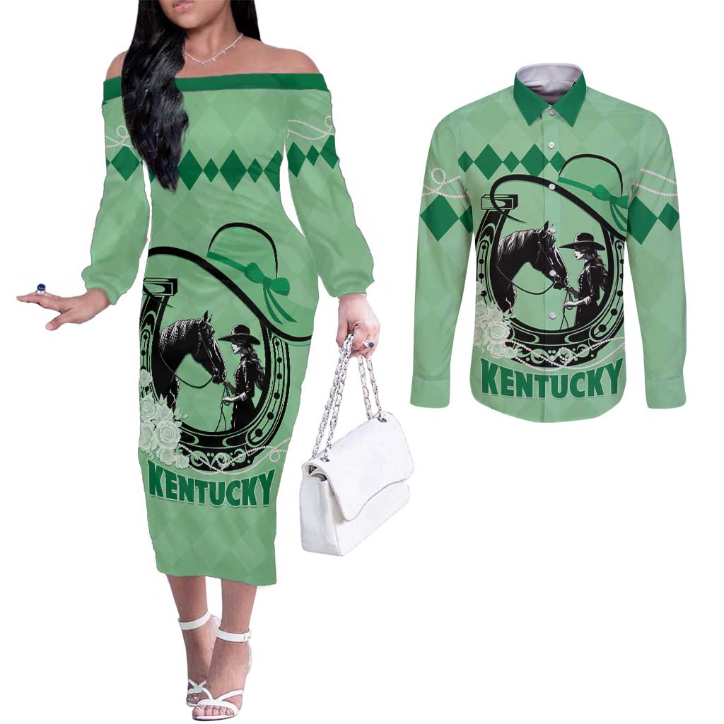 Personalized Kentucky Horse Racing Couples Matching Off The Shoulder Long Sleeve Dress and Long Sleeve Button Shirt Beauty and The Horse Green Version LT01
