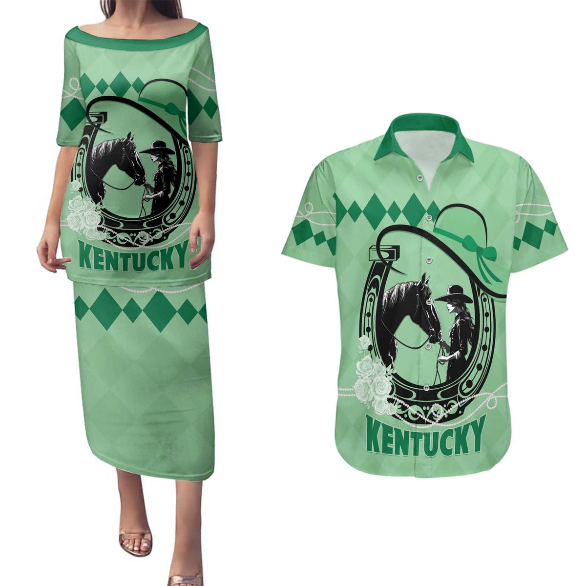 Personalized Kentucky Horse Racing Couples Matching Puletasi and Hawaiian Shirt Beauty and The Horse Green Version LT01