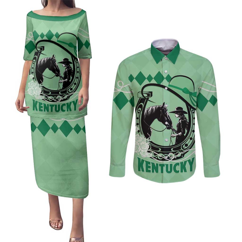 Personalized Kentucky Horse Racing Couples Matching Puletasi and Long Sleeve Button Shirt Beauty and The Horse Green Version LT01