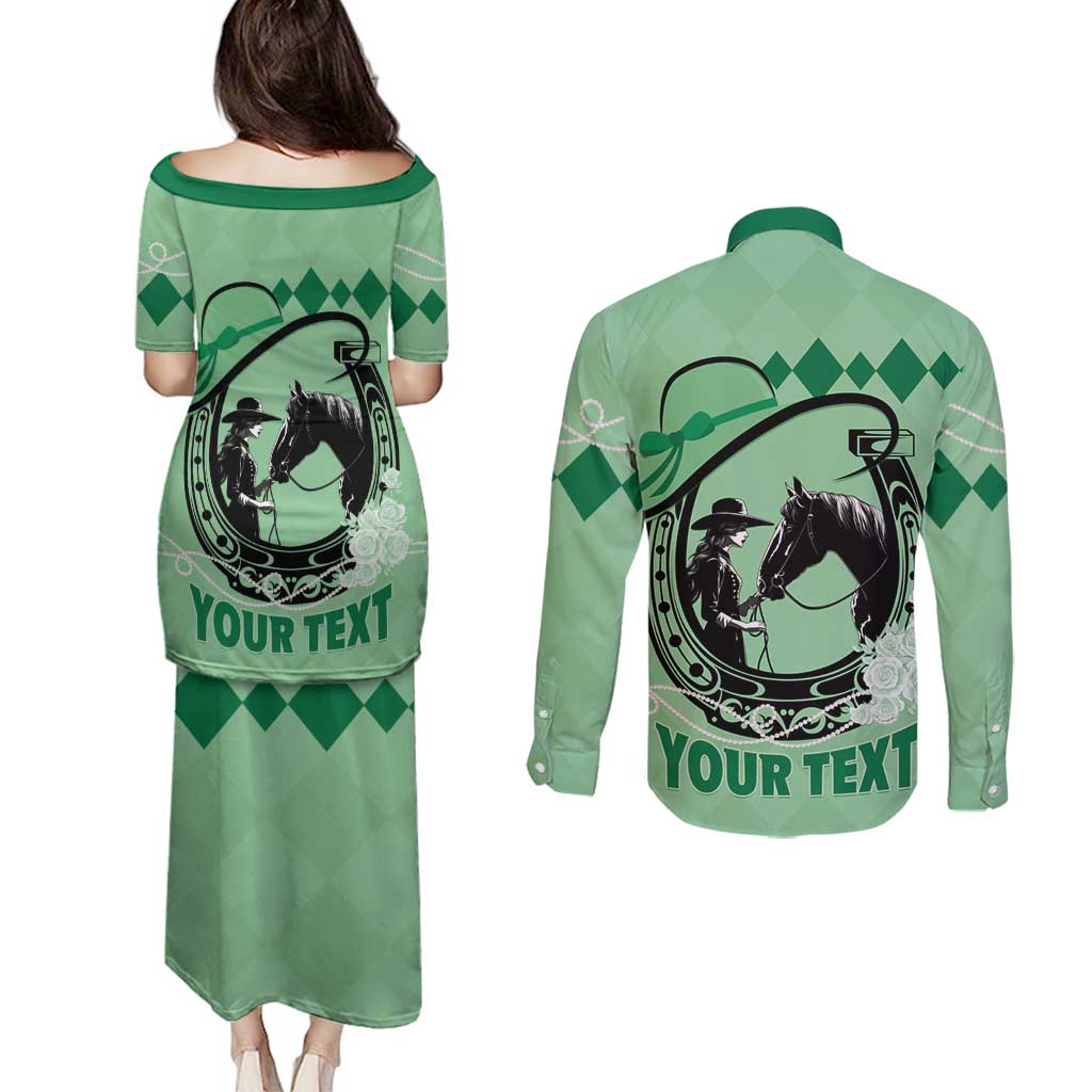 Personalized Kentucky Horse Racing Couples Matching Puletasi and Long Sleeve Button Shirt Beauty and The Horse Green Version LT01
