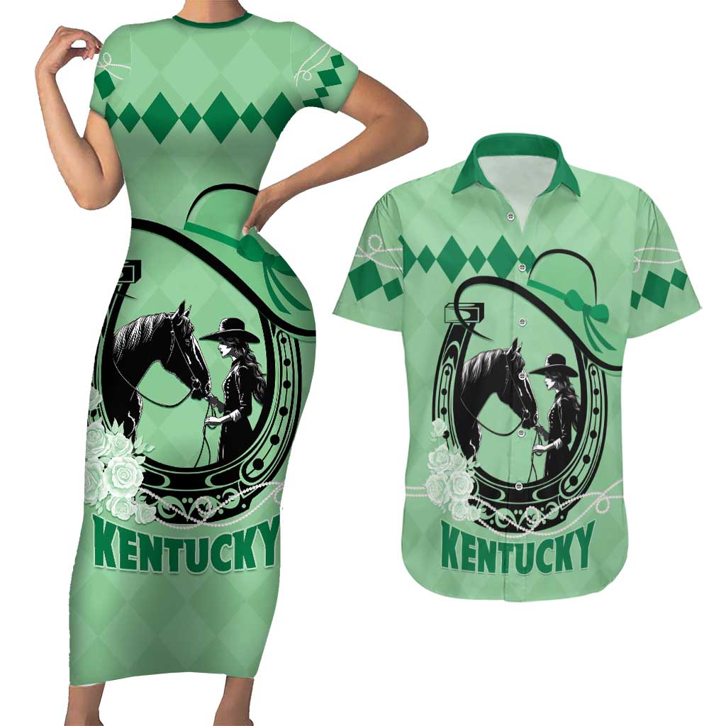 Personalized Kentucky Horse Racing Couples Matching Short Sleeve Bodycon Dress and Hawaiian Shirt Beauty and The Horse Green Version LT01