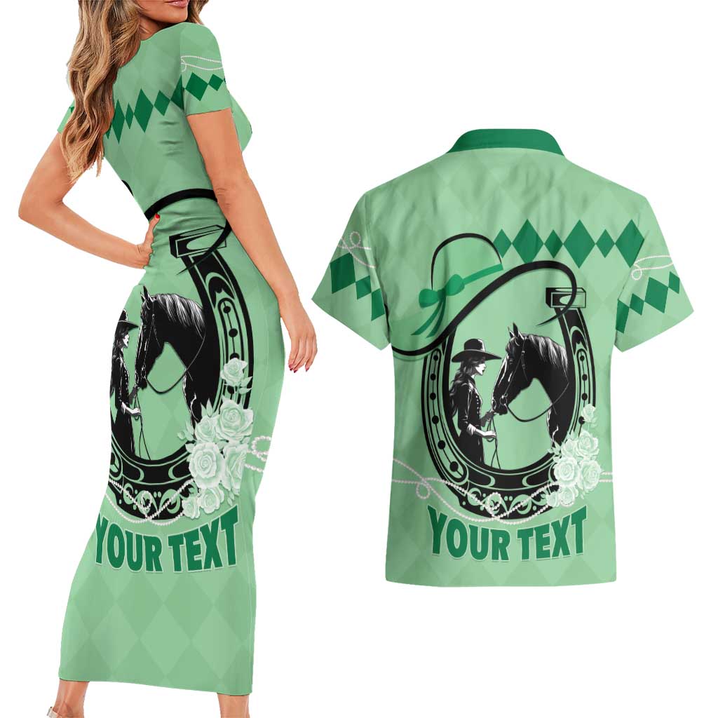 Personalized Kentucky Horse Racing Couples Matching Short Sleeve Bodycon Dress and Hawaiian Shirt Beauty and The Horse Green Version LT01
