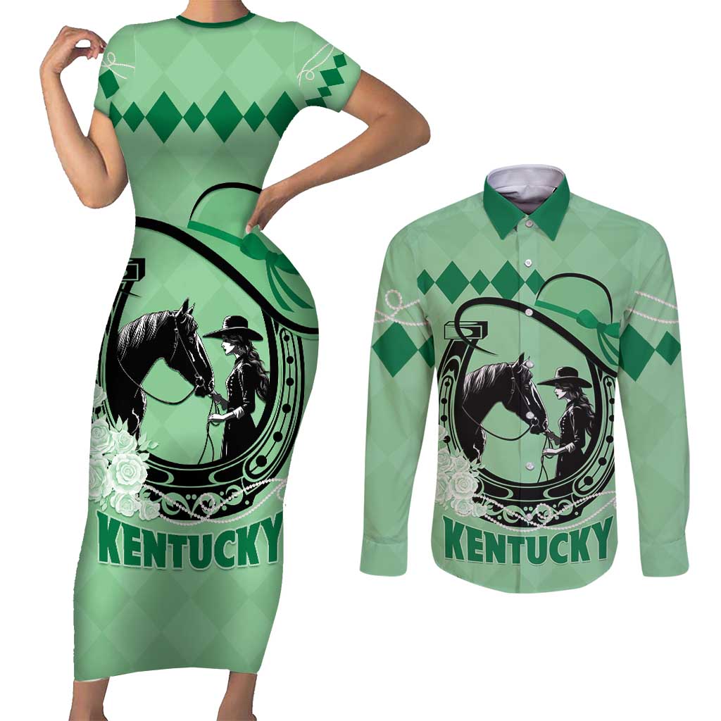 Personalized Kentucky Horse Racing Couples Matching Short Sleeve Bodycon Dress and Long Sleeve Button Shirt Beauty and The Horse Green Version LT01