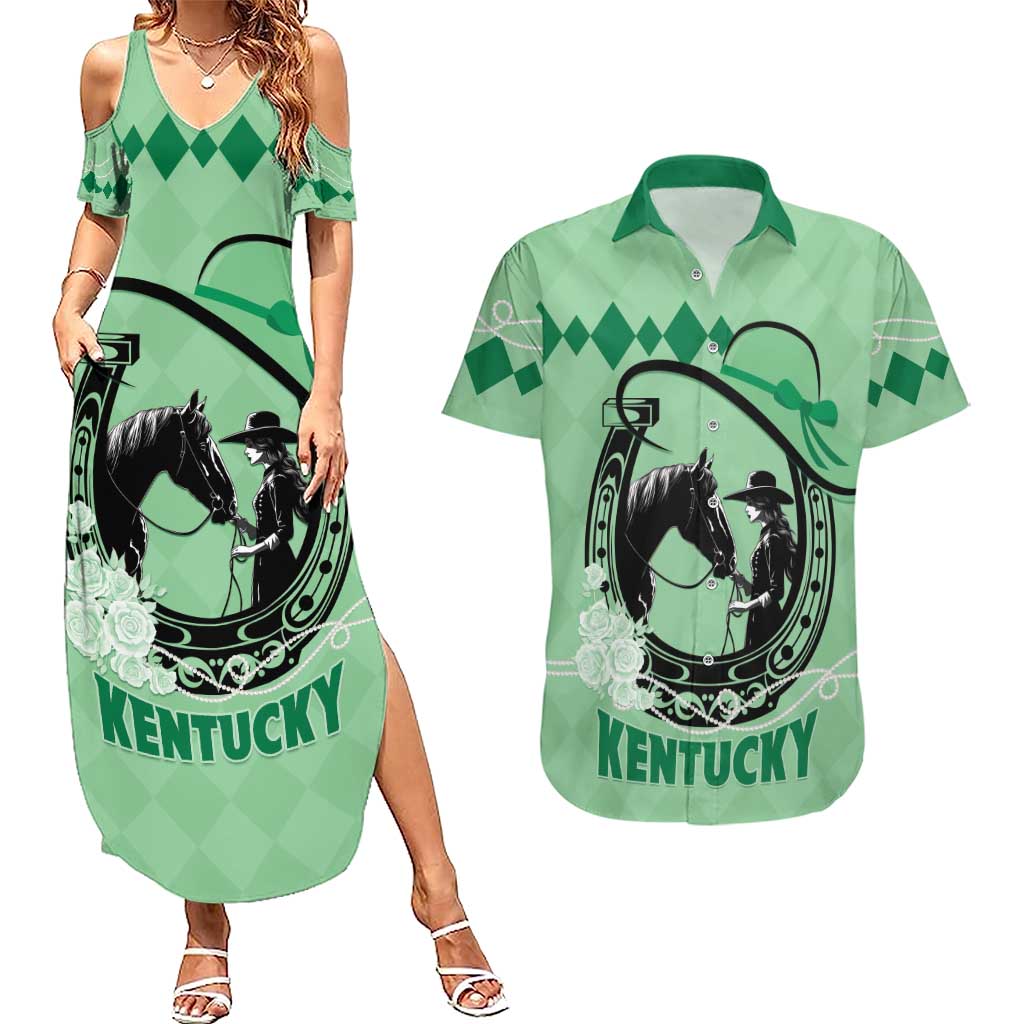 Personalized Kentucky Horse Racing Couples Matching Summer Maxi Dress and Hawaiian Shirt Beauty and The Horse Green Version LT01