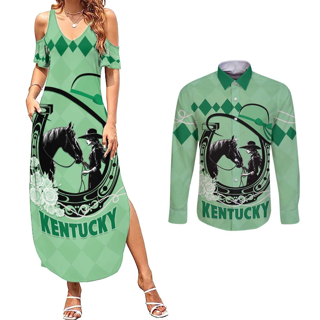 Personalized Kentucky Horse Racing Couples Matching Summer Maxi Dress and Long Sleeve Button Shirt Beauty and The Horse Green Version LT01