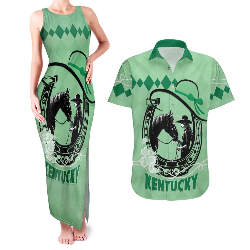 Personalized Kentucky Horse Racing Couples Matching Tank Maxi Dress and Hawaiian Shirt Beauty and The Horse Green Version LT01