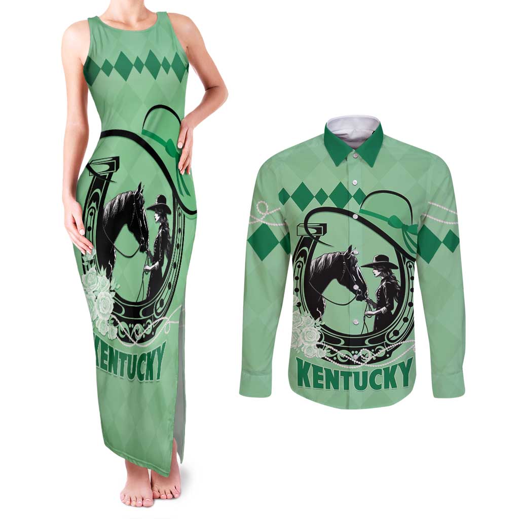 Personalized Kentucky Horse Racing Couples Matching Tank Maxi Dress and Long Sleeve Button Shirt Beauty and The Horse Green Version LT01