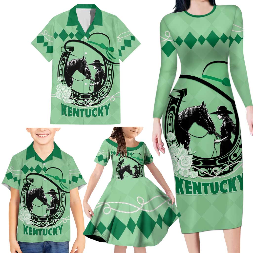 Personalized Kentucky Horse Racing Family Matching Long Sleeve Bodycon Dress and Hawaiian Shirt Beauty and The Horse Green Version LT01