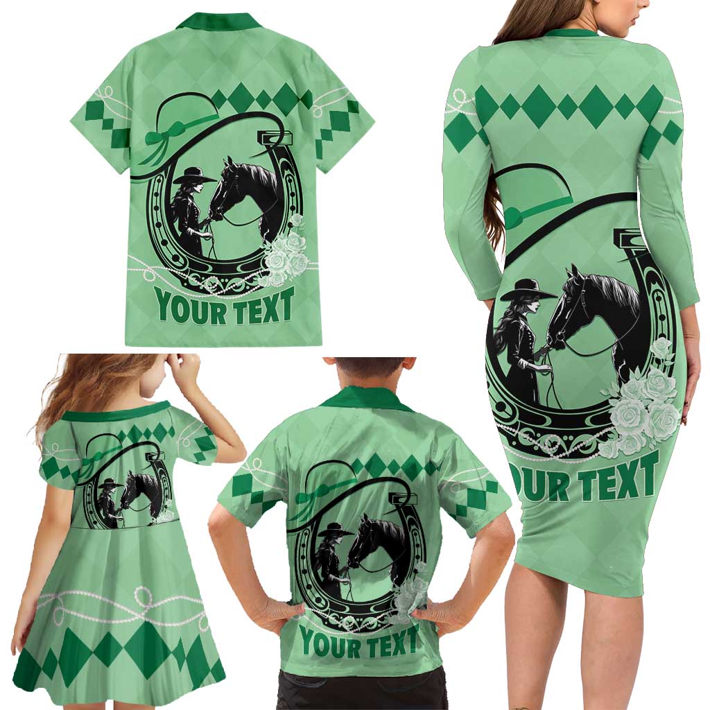 Personalized Kentucky Horse Racing Family Matching Long Sleeve Bodycon Dress and Hawaiian Shirt Beauty and The Horse Green Version LT01
