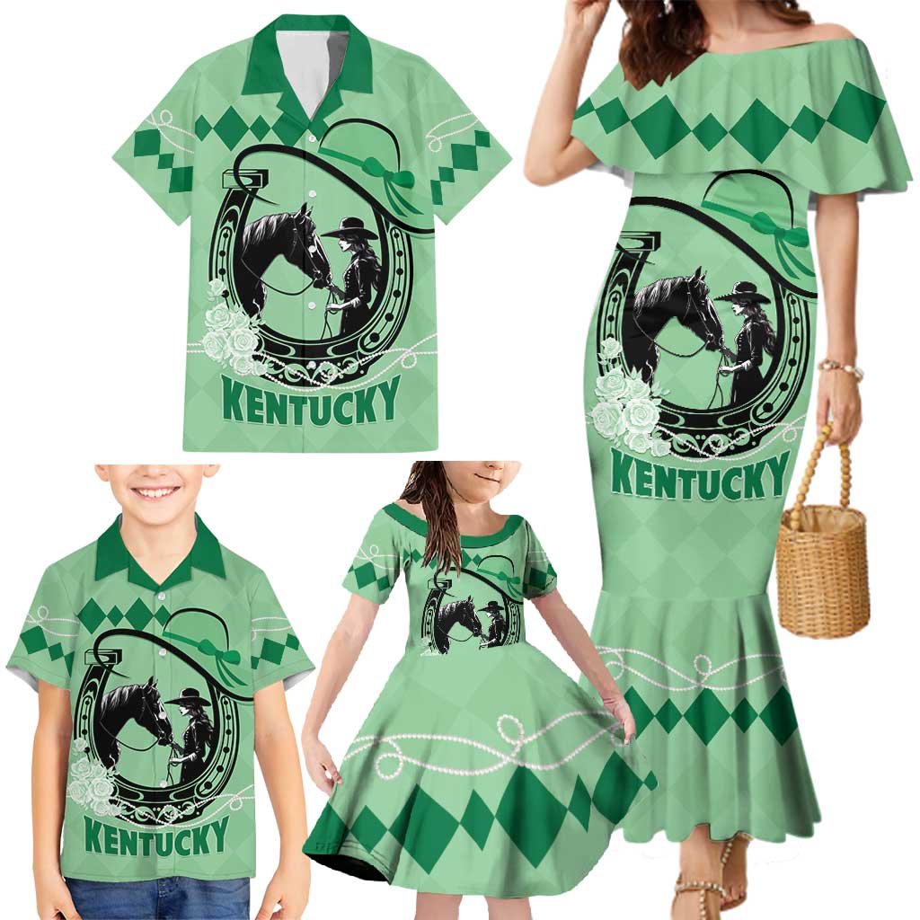 Personalized Kentucky Horse Racing Family Matching Mermaid Dress and Hawaiian Shirt Beauty and The Horse Green Version LT01