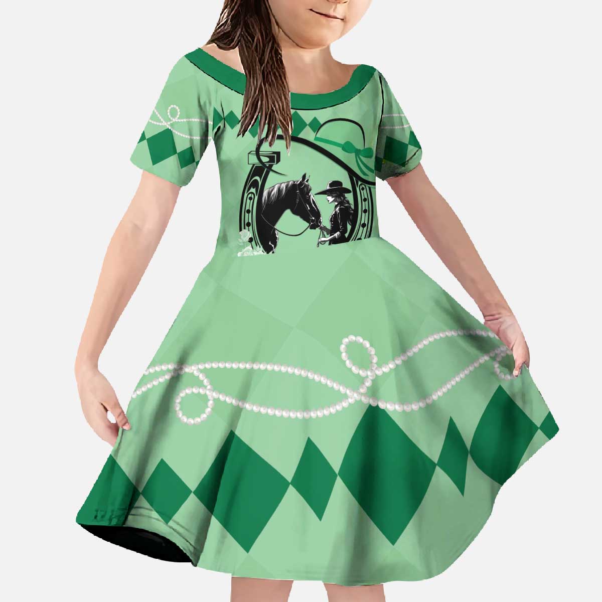 Personalized Kentucky Horse Racing Family Matching Off The Shoulder Long Sleeve Dress and Hawaiian Shirt Beauty and The Horse Green Version LT01