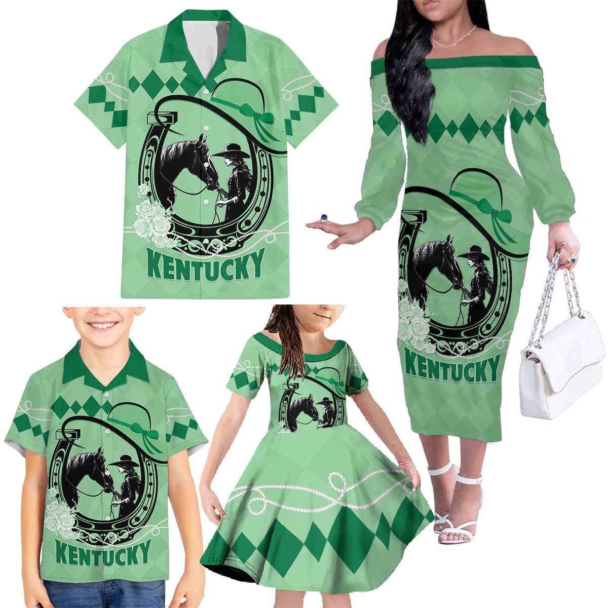 Personalized Kentucky Horse Racing Family Matching Off The Shoulder Long Sleeve Dress and Hawaiian Shirt Beauty and The Horse Green Version LT01