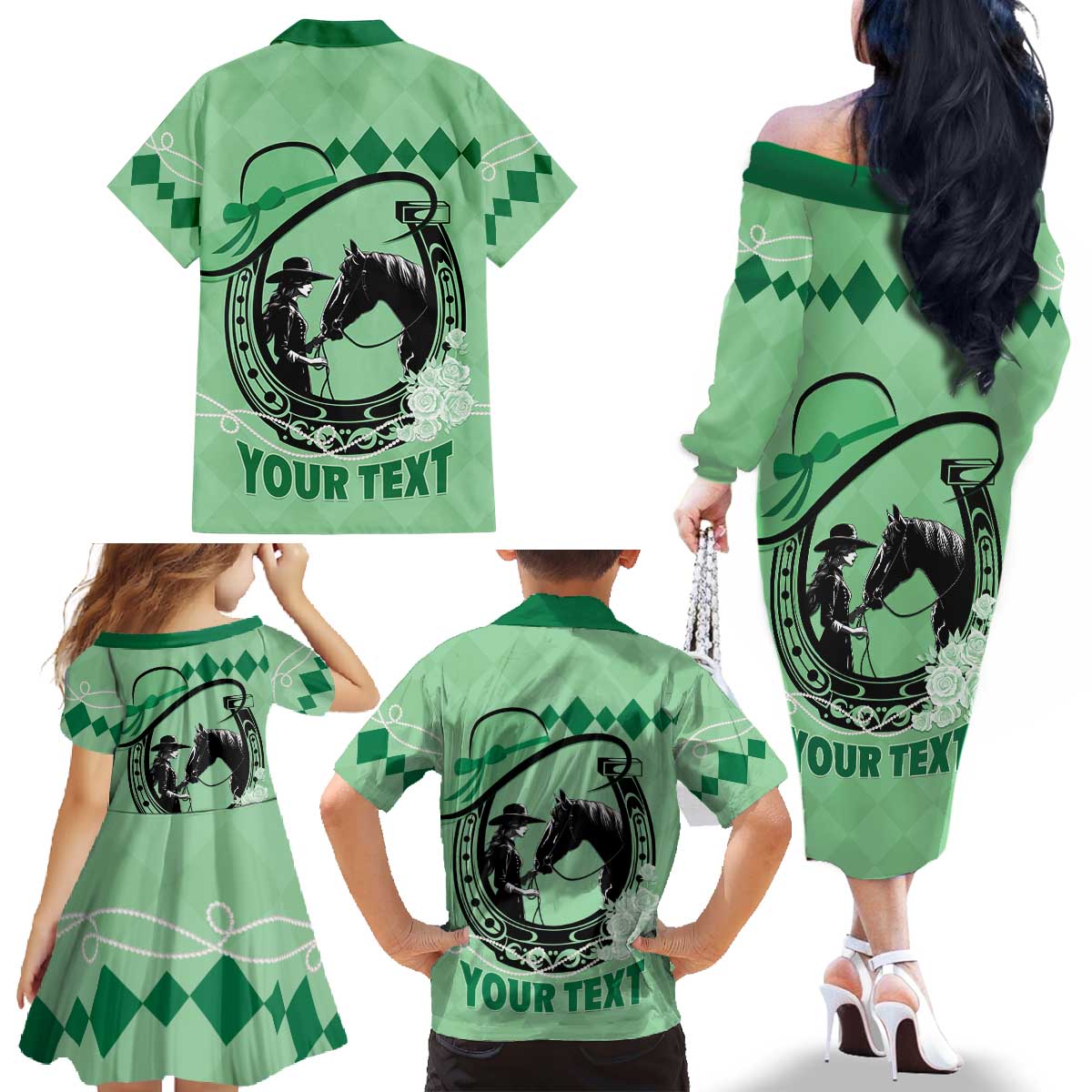 Personalized Kentucky Horse Racing Family Matching Off The Shoulder Long Sleeve Dress and Hawaiian Shirt Beauty and The Horse Green Version LT01