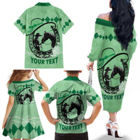 Personalized Kentucky Horse Racing Family Matching Off The Shoulder Long Sleeve Dress and Hawaiian Shirt Beauty and The Horse Green Version LT01