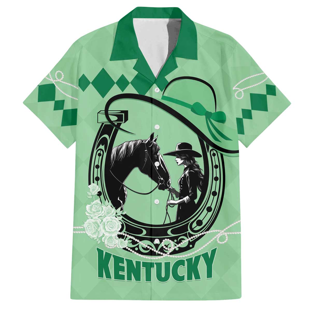 Personalized Kentucky Horse Racing Family Matching Off The Shoulder Long Sleeve Dress and Hawaiian Shirt Beauty and The Horse Green Version LT01