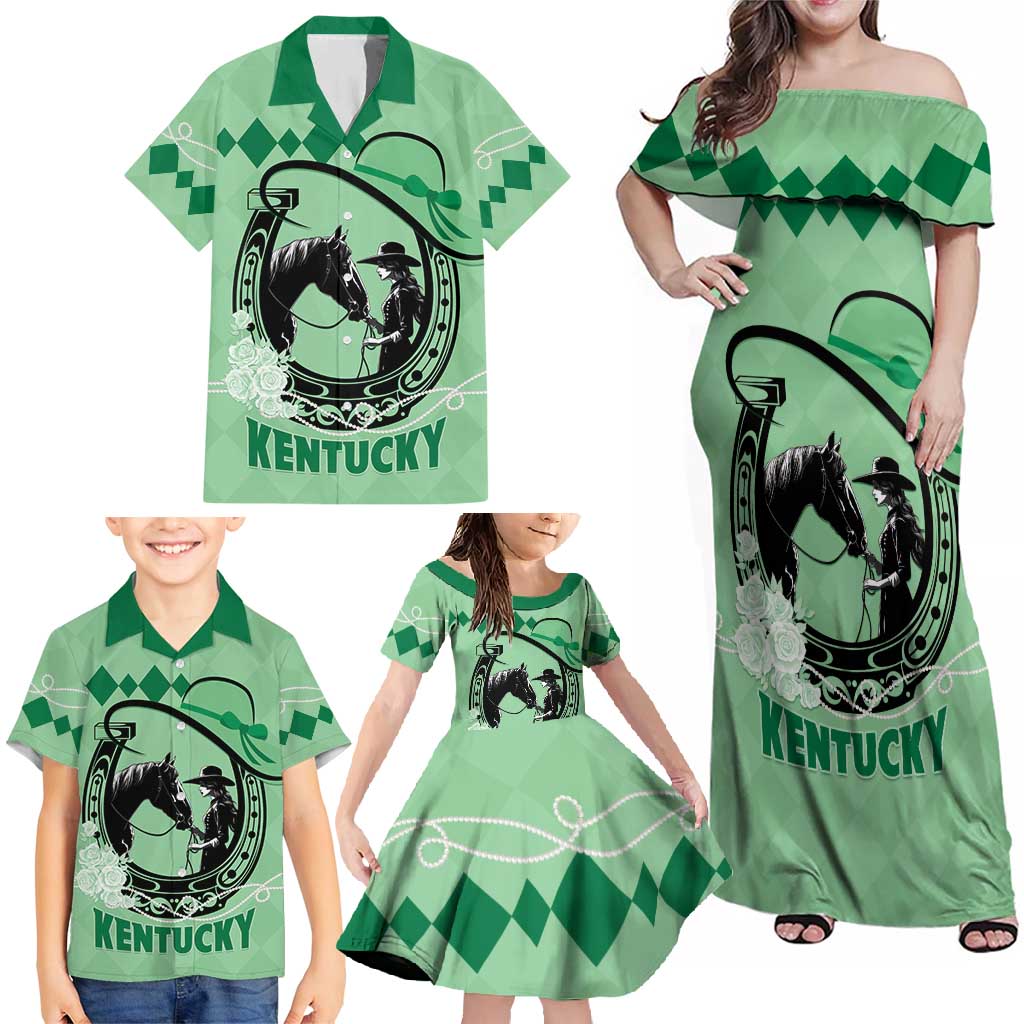 Personalized Kentucky Horse Racing Family Matching Off Shoulder Maxi Dress and Hawaiian Shirt Beauty and The Horse Green Version LT01