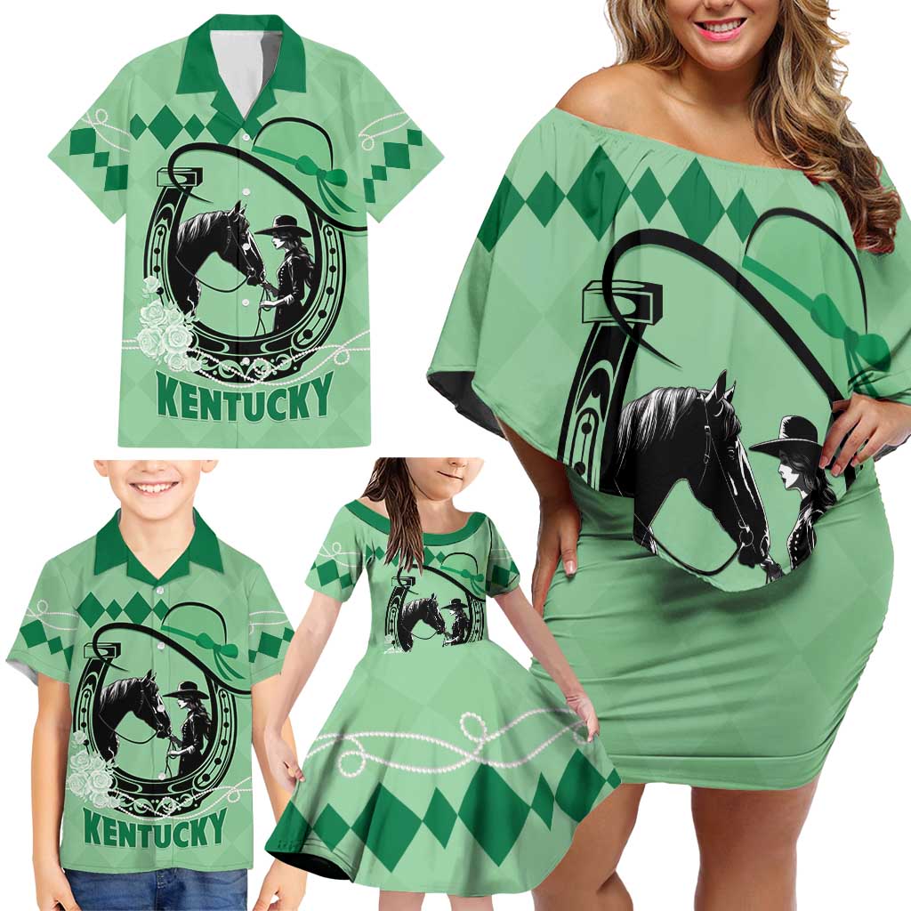 Personalized Kentucky Horse Racing Family Matching Off Shoulder Short Dress and Hawaiian Shirt Beauty and The Horse Green Version LT01