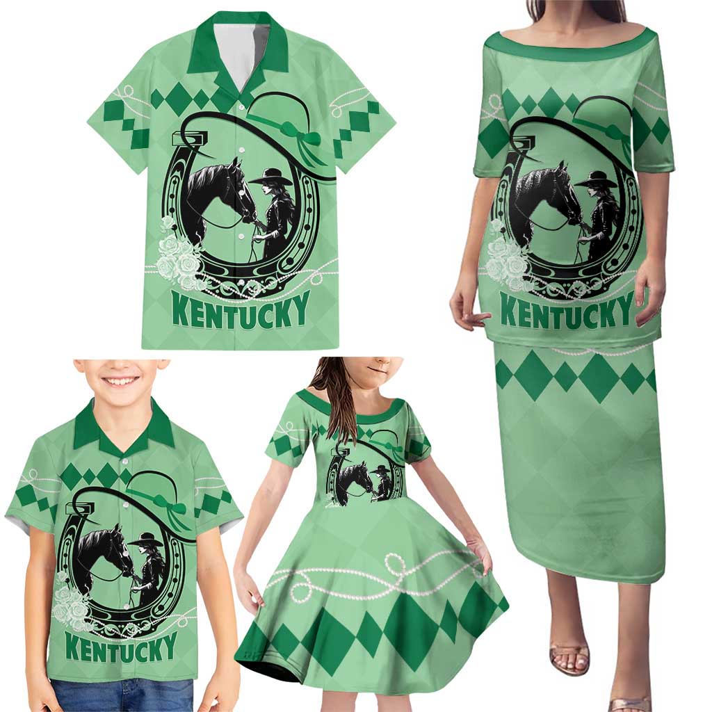 Personalized Kentucky Horse Racing Family Matching Puletasi and Hawaiian Shirt Beauty and The Horse Green Version LT01