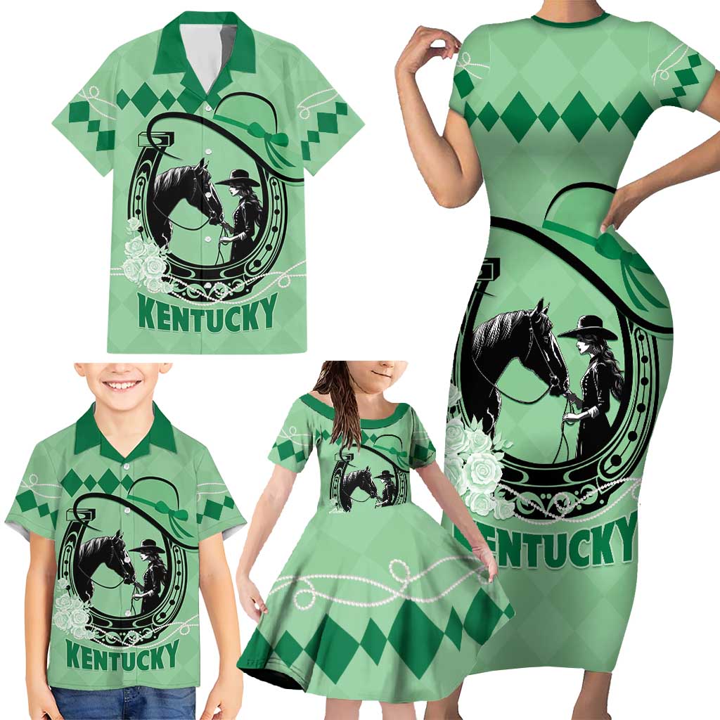 Personalized Kentucky Horse Racing Family Matching Short Sleeve Bodycon Dress and Hawaiian Shirt Beauty and The Horse Green Version LT01