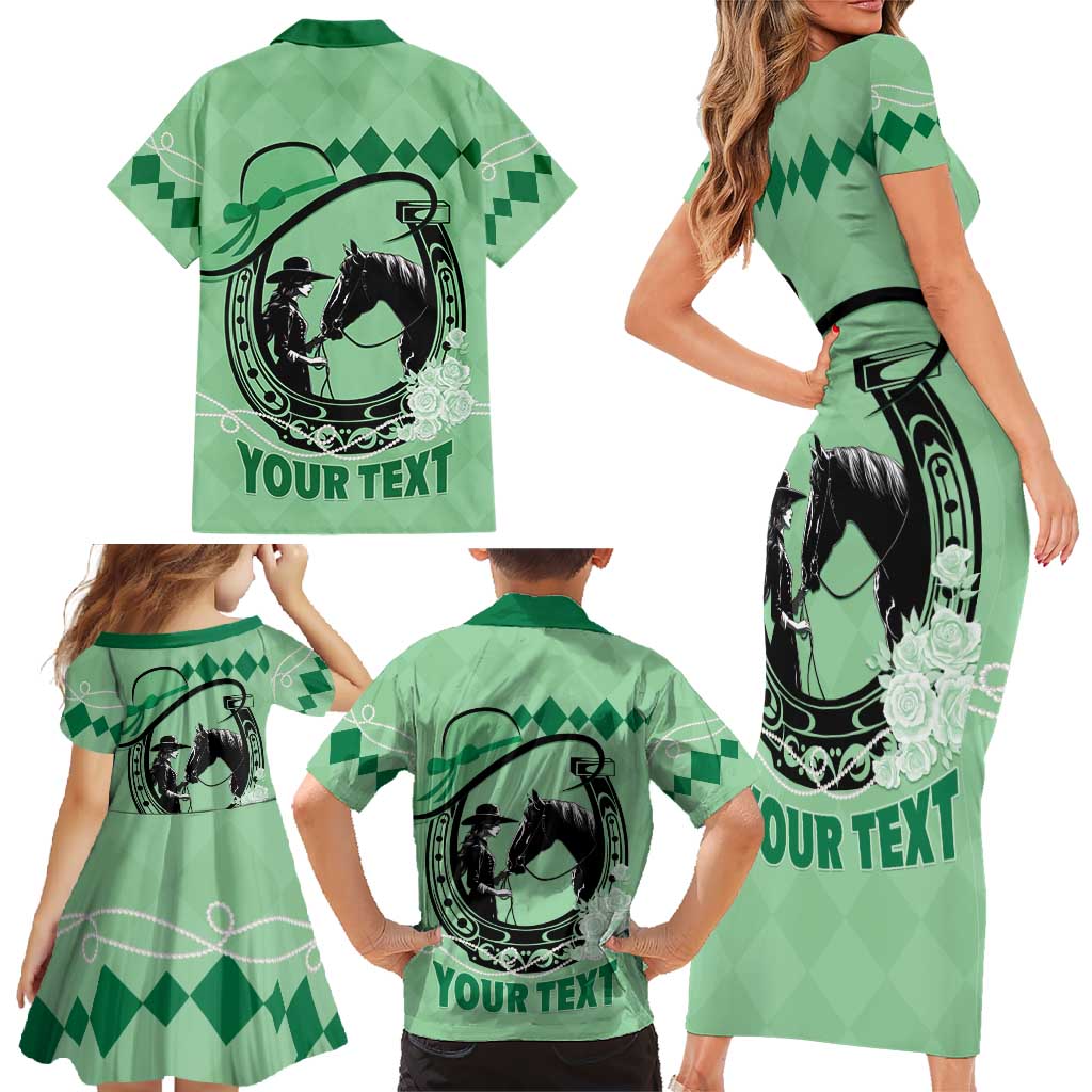 Personalized Kentucky Horse Racing Family Matching Short Sleeve Bodycon Dress and Hawaiian Shirt Beauty and The Horse Green Version LT01