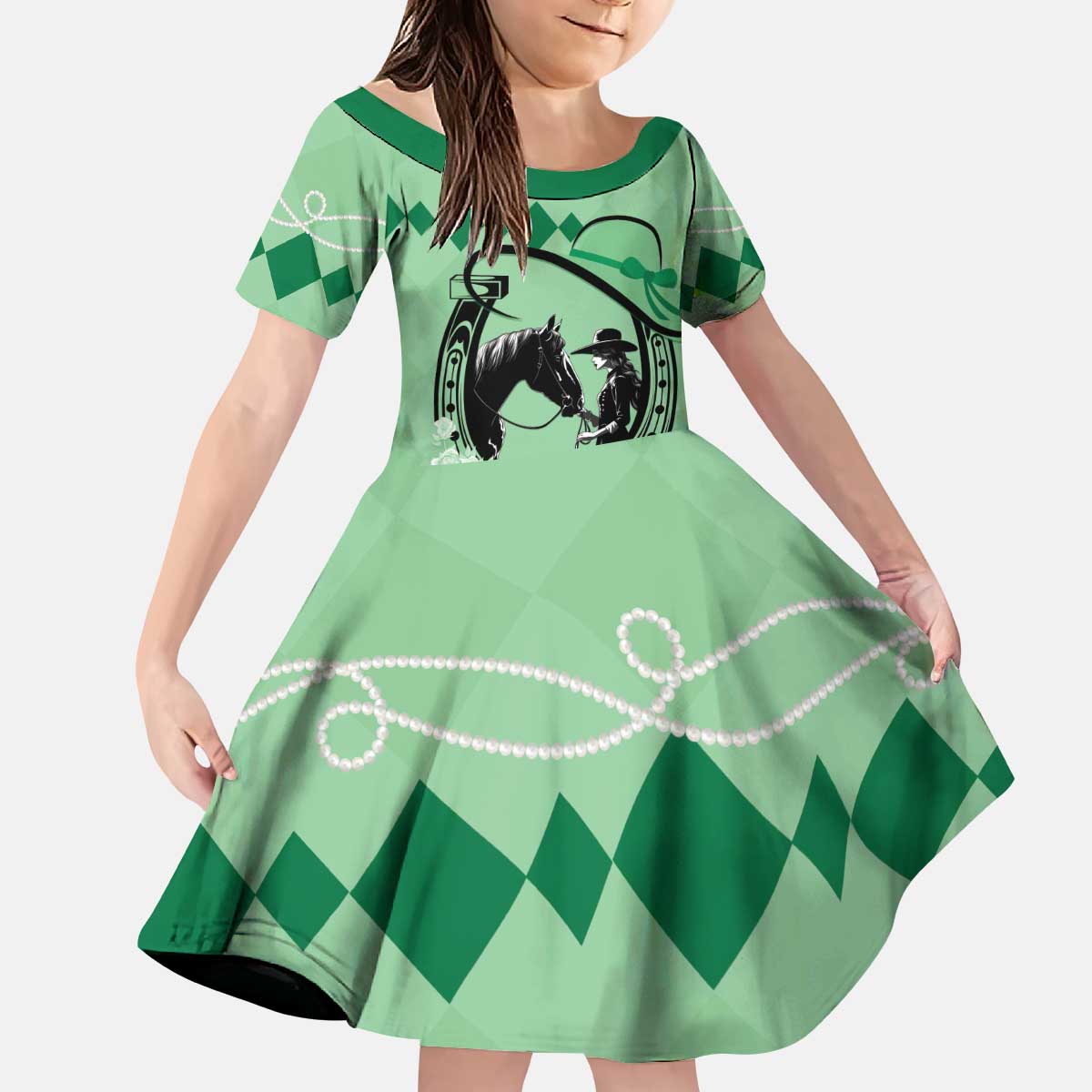 Personalized Kentucky Horse Racing Kid Short Sleeve Dress Beauty and The Horse Green Version LT01