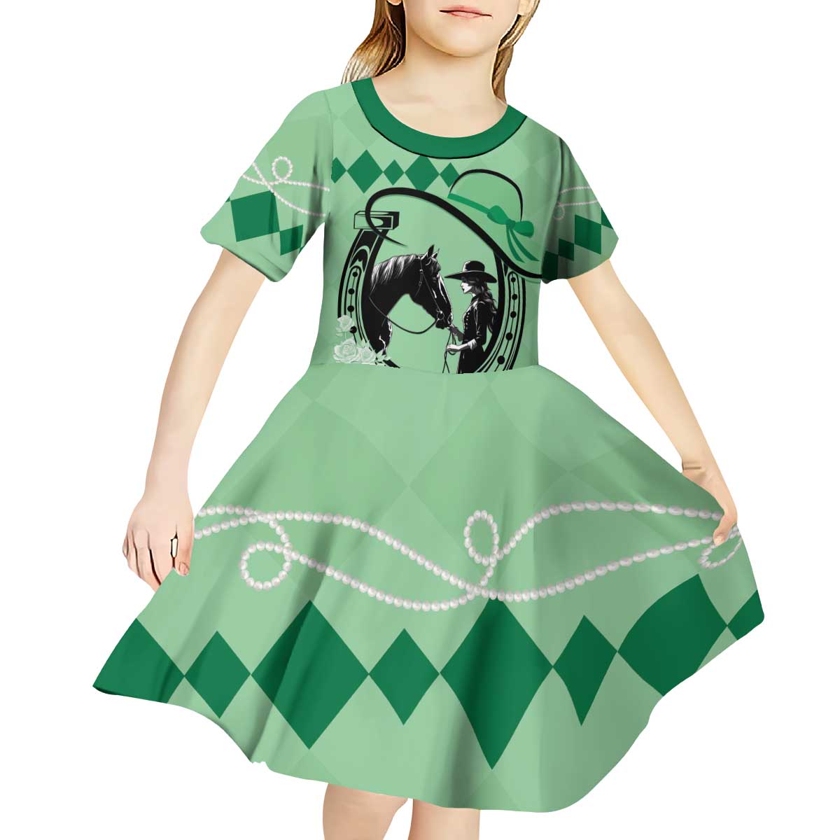 Personalized Kentucky Horse Racing Kid Short Sleeve Dress Beauty and The Horse Green Version LT01