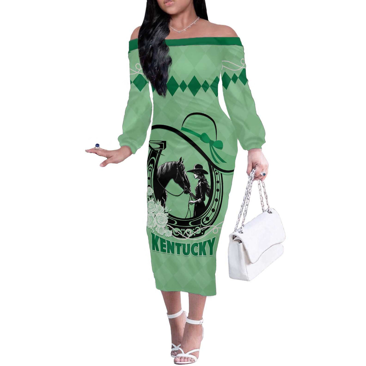 Personalized Kentucky Horse Racing Off The Shoulder Long Sleeve Dress Beauty and The Horse Green Version LT01