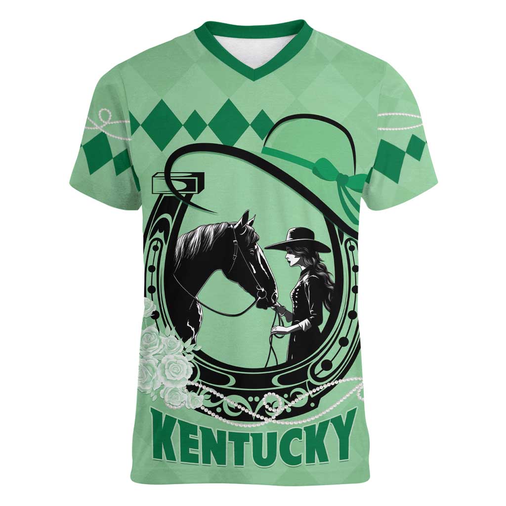 Personalized Kentucky Horse Racing Women V-Neck T-Shirt Beauty and The Horse Green Version LT01