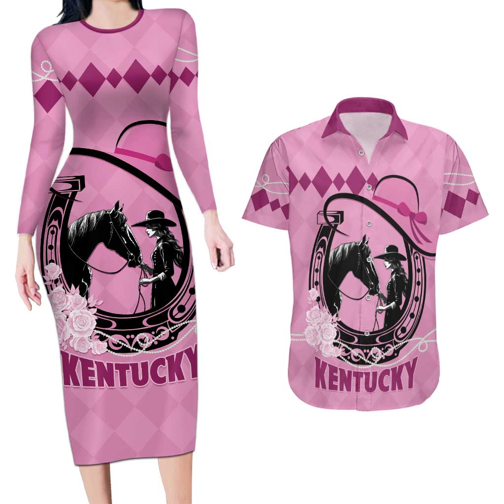 Personalized Kentucky Horse Racing Couples Matching Long Sleeve Bodycon Dress and Hawaiian Shirt Beauty and The Horse Pink Version LT01