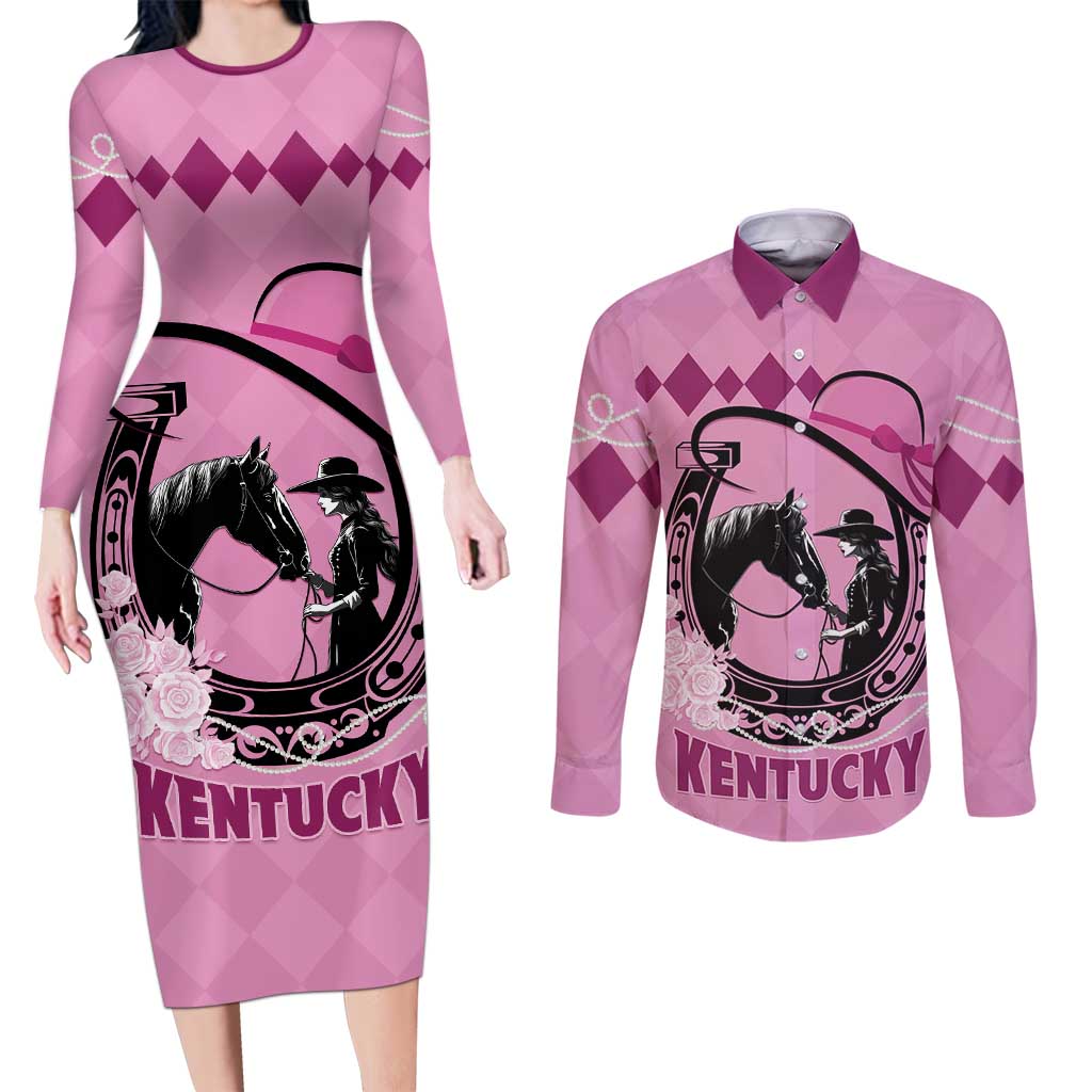Personalized Kentucky Horse Racing Couples Matching Long Sleeve Bodycon Dress and Long Sleeve Button Shirt Beauty and The Horse Pink Version LT01