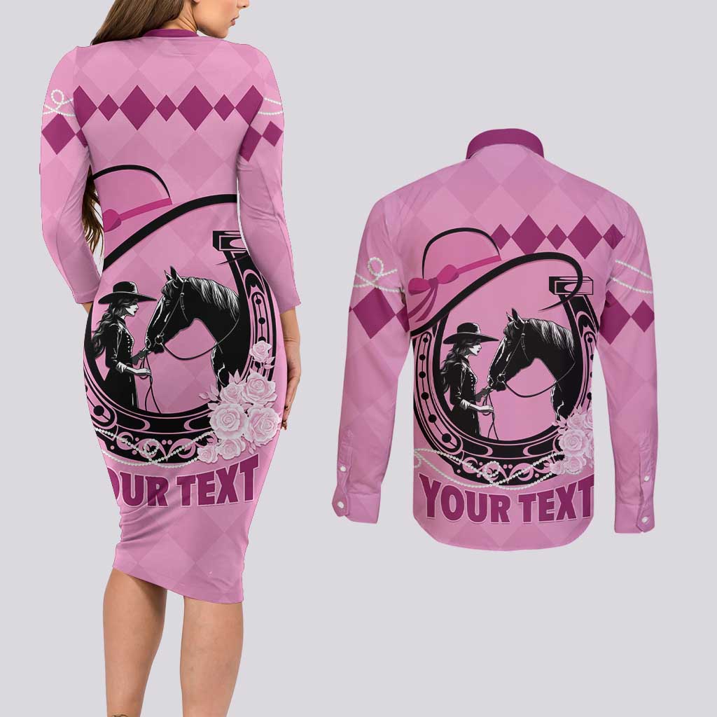 Personalized Kentucky Horse Racing Couples Matching Long Sleeve Bodycon Dress and Long Sleeve Button Shirt Beauty and The Horse Pink Version LT01