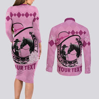 Personalized Kentucky Horse Racing Couples Matching Long Sleeve Bodycon Dress and Long Sleeve Button Shirt Beauty and The Horse Pink Version LT01