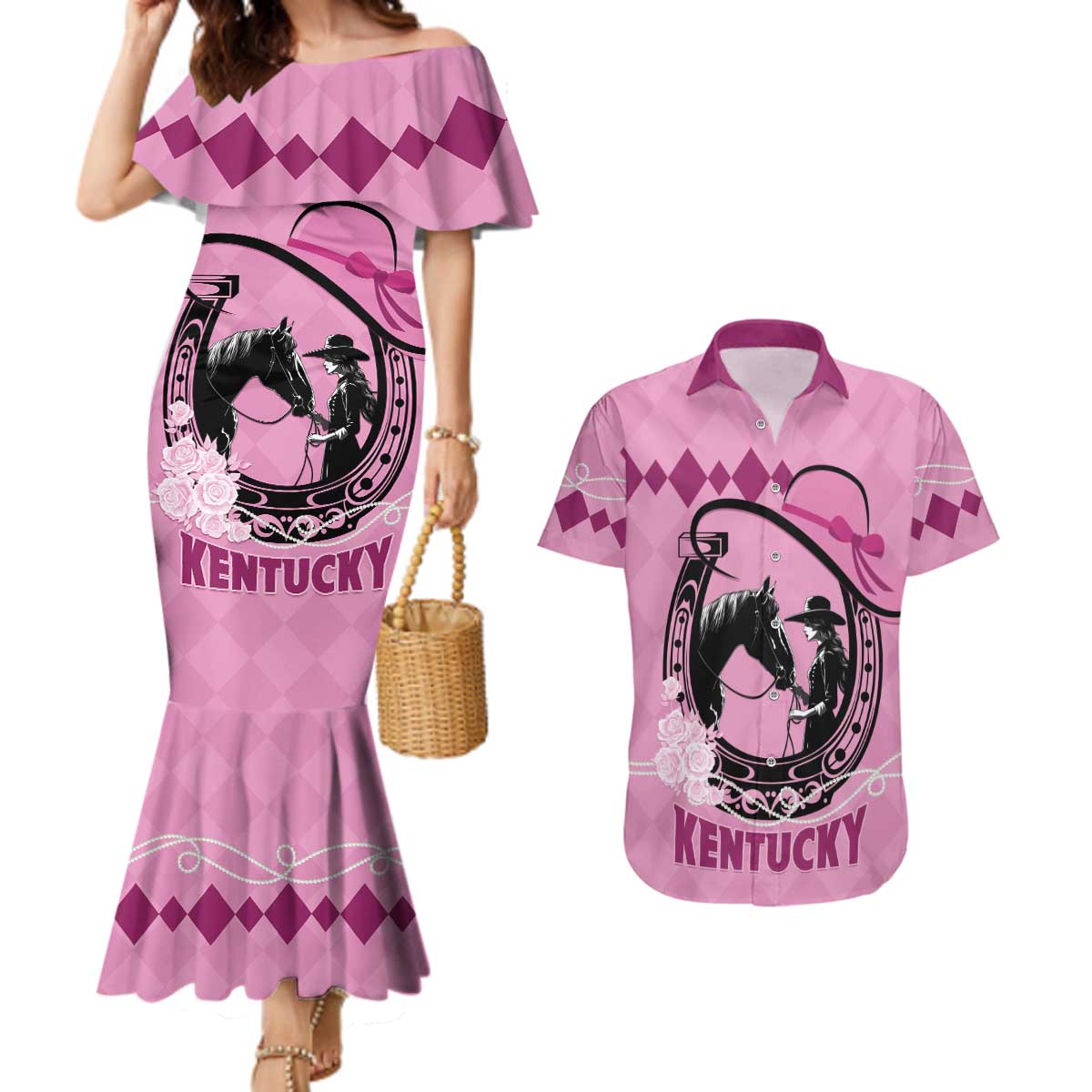 Personalized Kentucky Horse Racing Couples Matching Mermaid Dress and Hawaiian Shirt Beauty and The Horse Pink Version LT01
