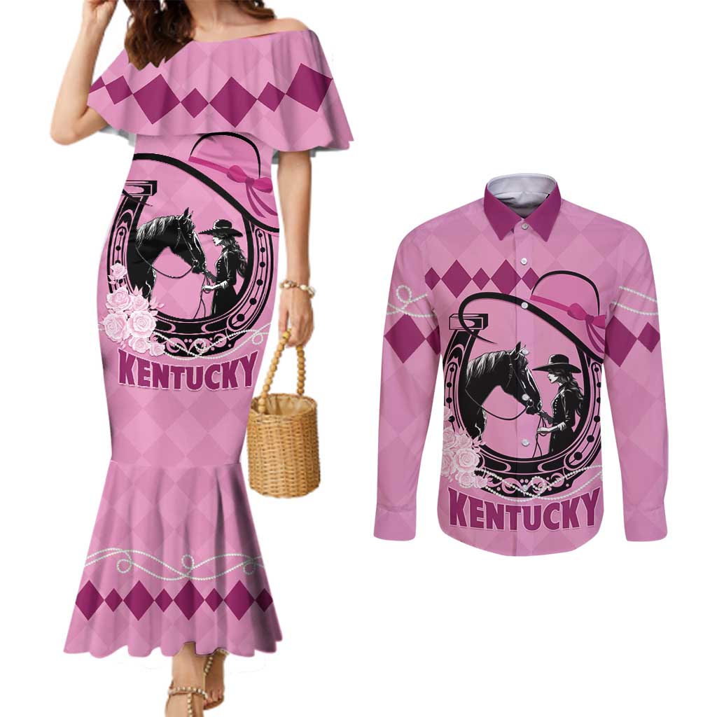 Personalized Kentucky Horse Racing Couples Matching Mermaid Dress and Long Sleeve Button Shirt Beauty and The Horse Pink Version LT01