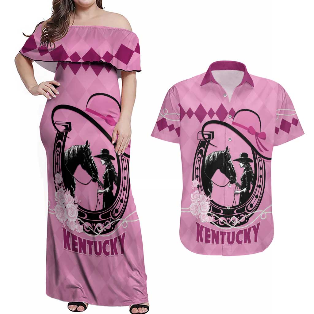 Personalized Kentucky Horse Racing Couples Matching Off Shoulder Maxi Dress and Hawaiian Shirt Beauty and The Horse Pink Version LT01