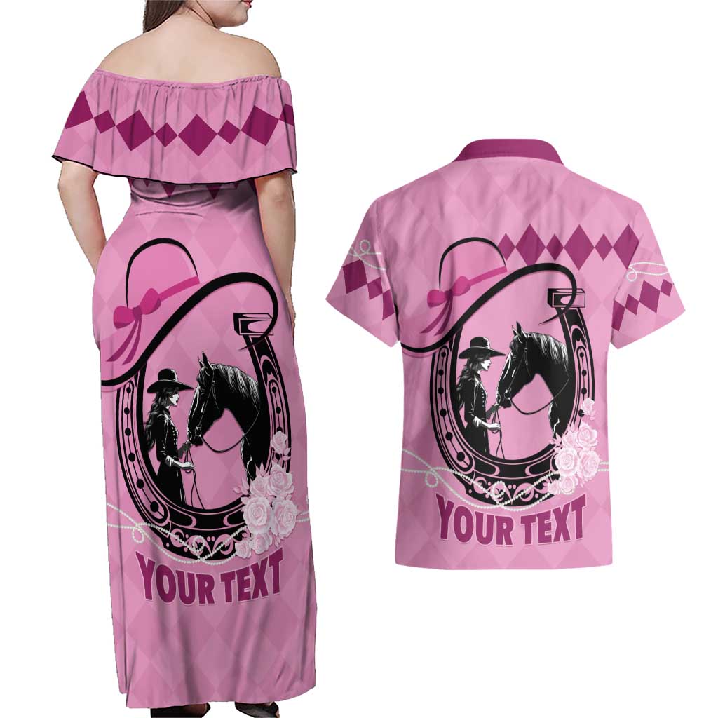 Personalized Kentucky Horse Racing Couples Matching Off Shoulder Maxi Dress and Hawaiian Shirt Beauty and The Horse Pink Version LT01