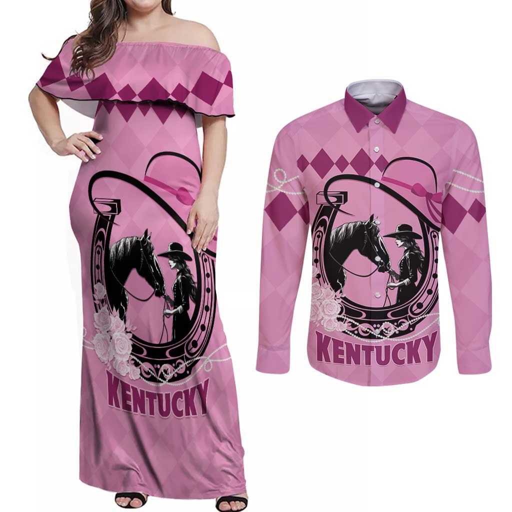 Personalized Kentucky Horse Racing Couples Matching Off Shoulder Maxi Dress and Long Sleeve Button Shirt Beauty and The Horse Pink Version LT01